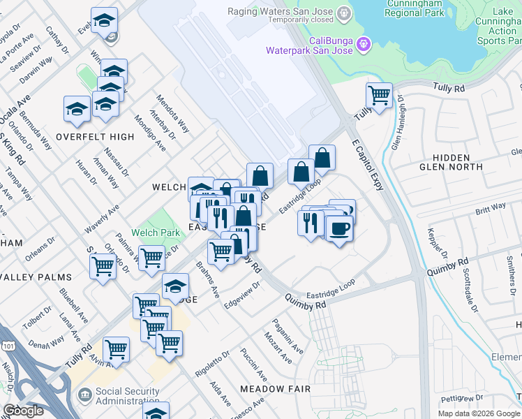 map of restaurants, bars, coffee shops, grocery stores, and more near 2180 Tully Road in San Jose