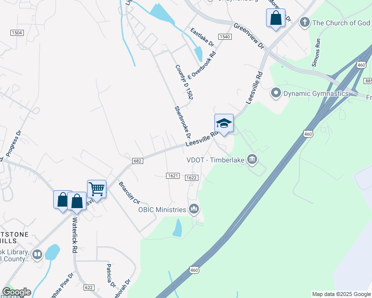 map of restaurants, bars, coffee shops, grocery stores, and more near 19807 Leesville Rd in Lynchburg
