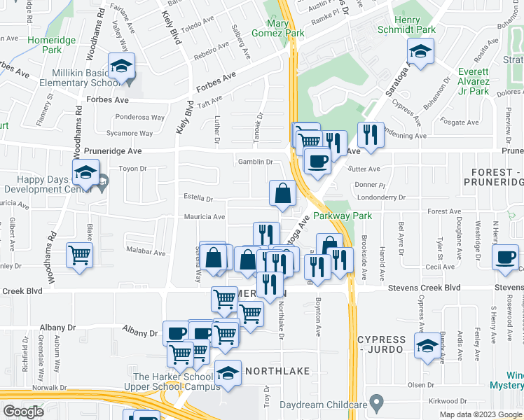 map of restaurants, bars, coffee shops, grocery stores, and more near 2632 Estella Drive in Santa Clara