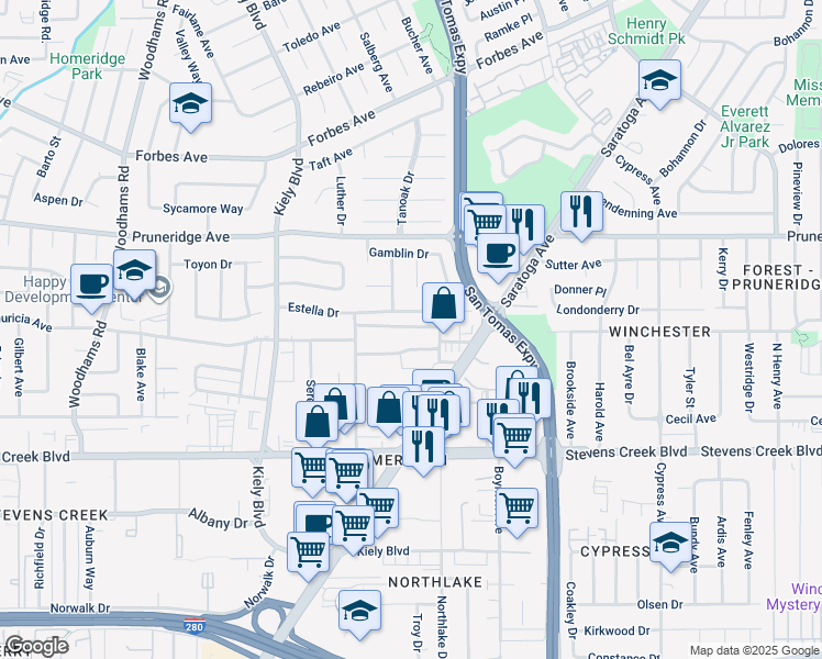 map of restaurants, bars, coffee shops, grocery stores, and more near 150 Saratoga Avenue in Santa Clara