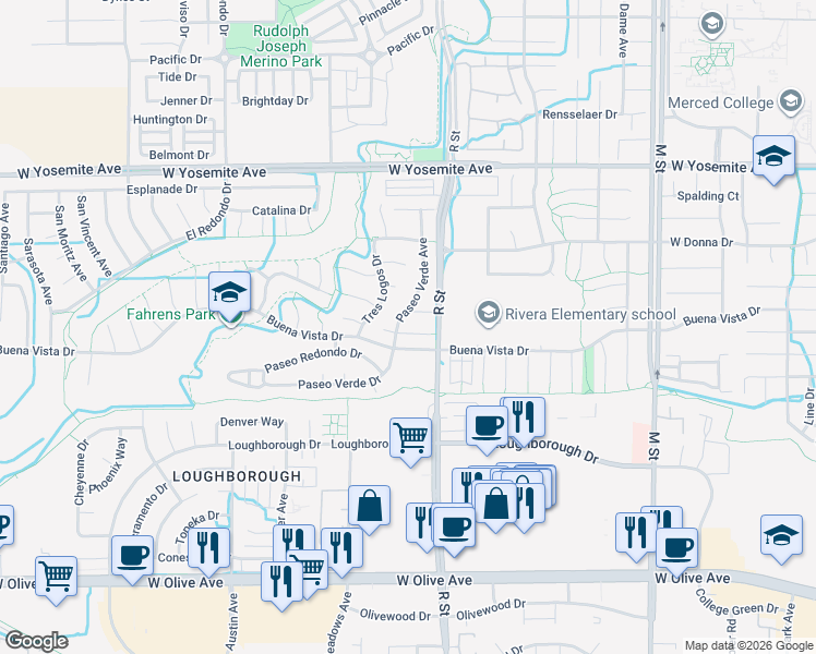 map of restaurants, bars, coffee shops, grocery stores, and more near 1124 Puerto Vallarta Court in Merced