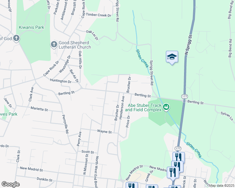map of restaurants, bars, coffee shops, grocery stores, and more near 1216 Bertling Street in Cape Girardeau