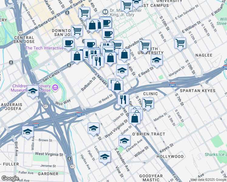 map of restaurants, bars, coffee shops, grocery stores, and more near 2 East Reed Street in San Jose