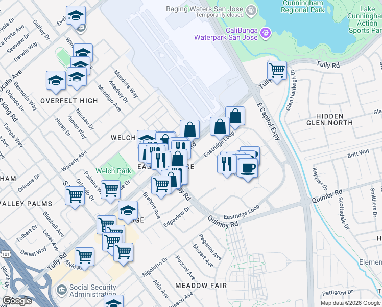 map of restaurants, bars, coffee shops, grocery stores, and more near 2143 Tully Road in San Jose
