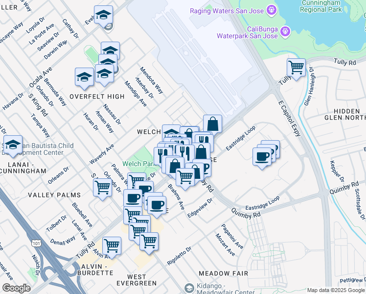 map of restaurants, bars, coffee shops, grocery stores, and more near 1853 Quimby Road in San Jose