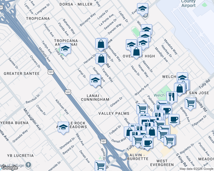 map of restaurants, bars, coffee shops, grocery stores, and more near 1994 Sumatra Avenue in San Jose