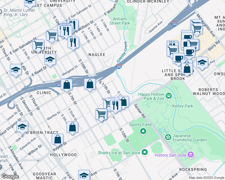map of restaurants, bars, coffee shops, grocery stores, and more near 516 Martha Street in San Jose