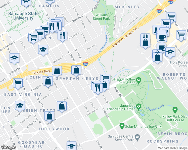 map of restaurants, bars, coffee shops, grocery stores, and more near 516 Martha Street in San Jose