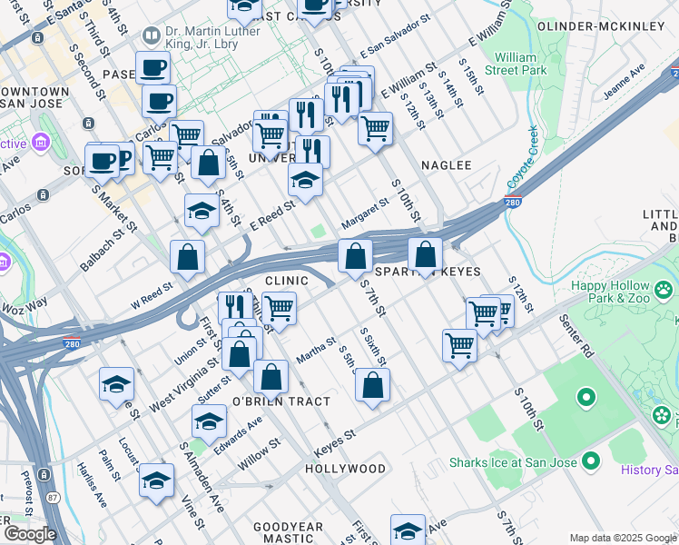 map of restaurants, bars, coffee shops, grocery stores, and more near 295 East Virginia Street in San Jose