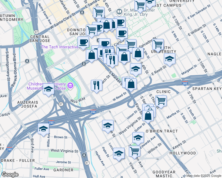 map of restaurants, bars, coffee shops, grocery stores, and more near 525 South Market Street in San Jose
