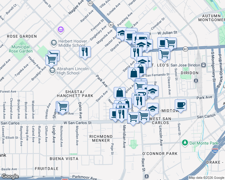 map of restaurants, bars, coffee shops, grocery stores, and more near 1376 Sierra Avenue in San Jose