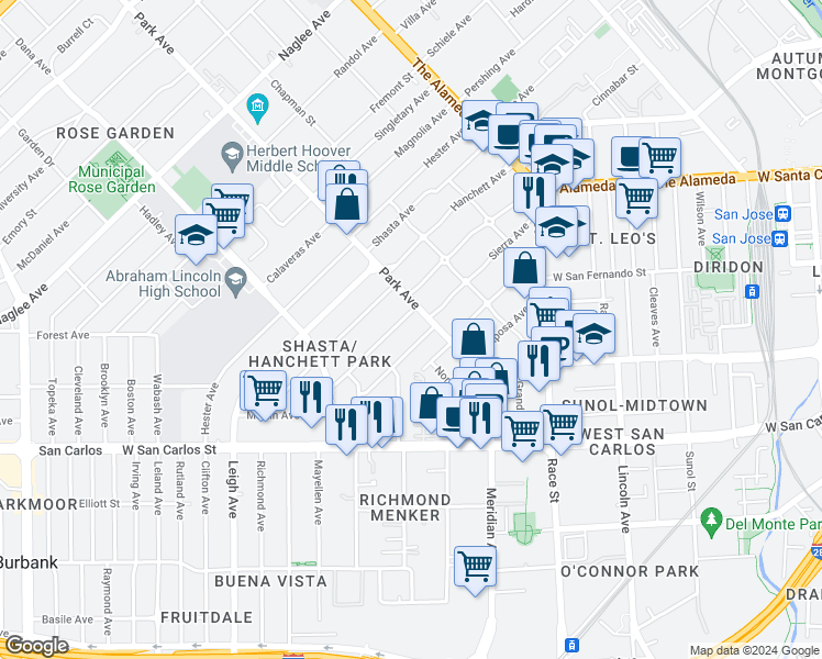 map of restaurants, bars, coffee shops, grocery stores, and more near 1259 Park Avenue in San Jose