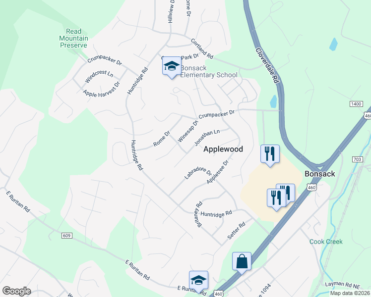 map of restaurants, bars, coffee shops, grocery stores, and more near 5468 Winesap Dr in Roanoke