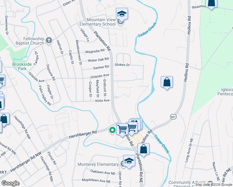 map of restaurants, bars, coffee shops, grocery stores, and more near 815 Orlando Ct in Roanoke