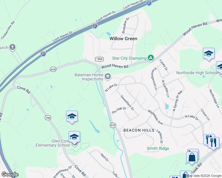 map of restaurants, bars, coffee shops, grocery stores, and more near 5611-5619 N Lake Dr in Roanoke