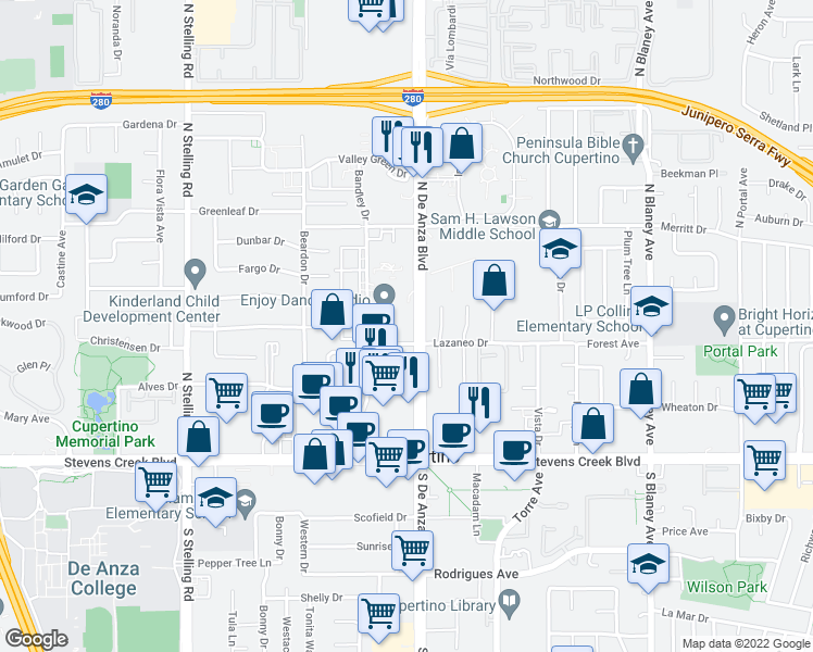 map of restaurants, bars, coffee shops, grocery stores, and more near 10275 North De Anza Boulevard in Cupertino