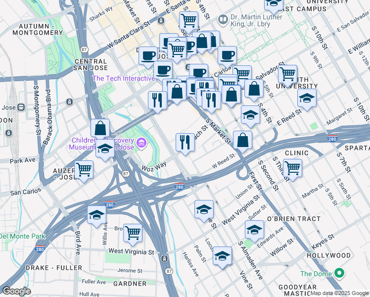map of restaurants, bars, coffee shops, grocery stores, and more near in San Jose