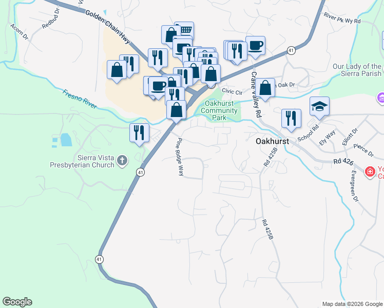 map of restaurants, bars, coffee shops, grocery stores, and more near 48860 Royal Oaks Drive in Oakhurst