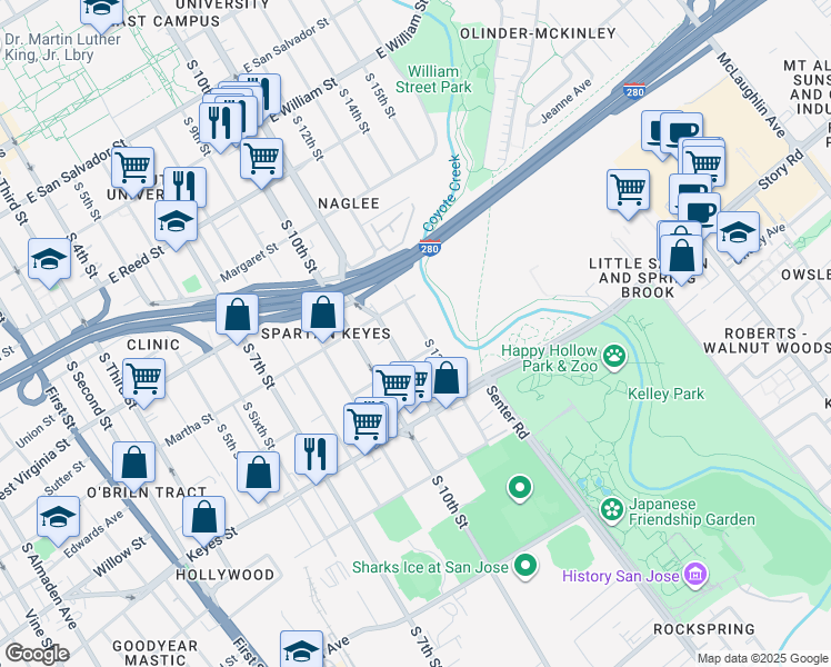 map of restaurants, bars, coffee shops, grocery stores, and more near 951 South 12th Street in San Jose