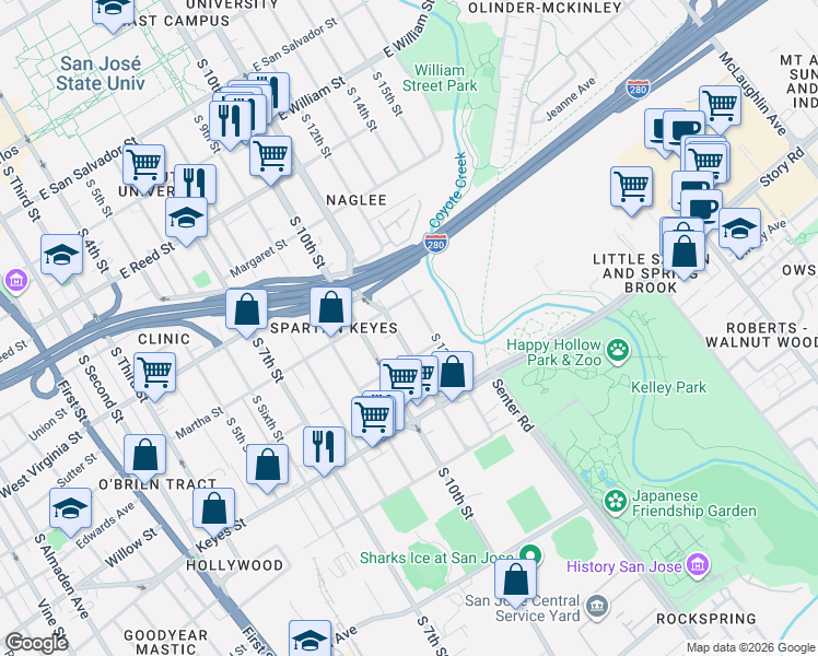 map of restaurants, bars, coffee shops, grocery stores, and more near 516 Martha Street in San Jose