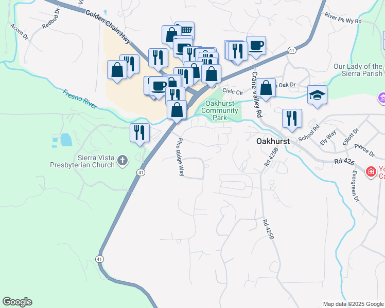 map of restaurants, bars, coffee shops, grocery stores, and more near 39775 Pine Ridge Road in Oakhurst