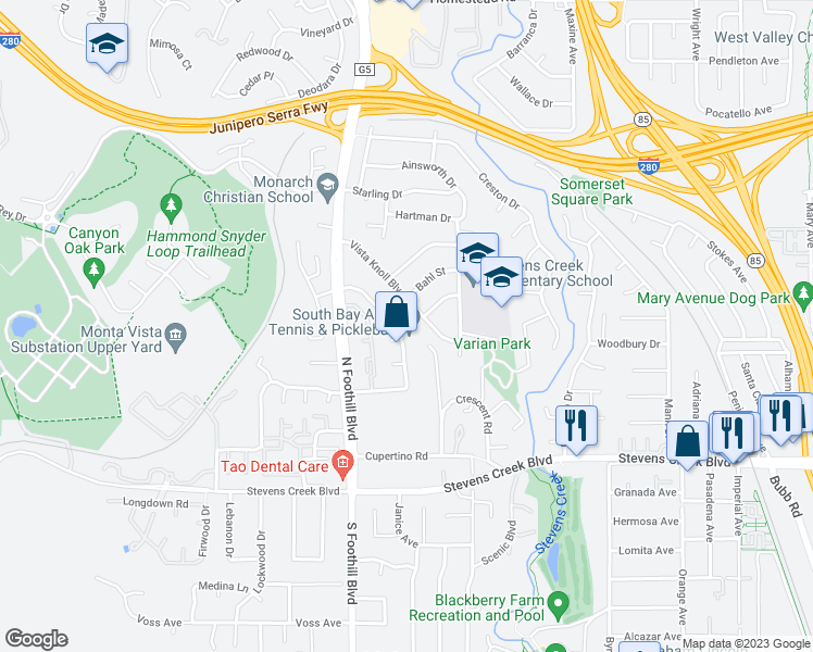 map of restaurants, bars, coffee shops, grocery stores, and more near 10270 Alpine Drive in Cupertino