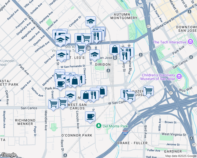map of restaurants, bars, coffee shops, grocery stores, and more near 835 Georgetown Place in San Jose