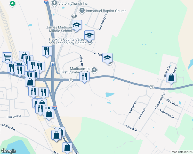 map of restaurants, bars, coffee shops, grocery stores, and more near 1710 Anton Road in Madisonville