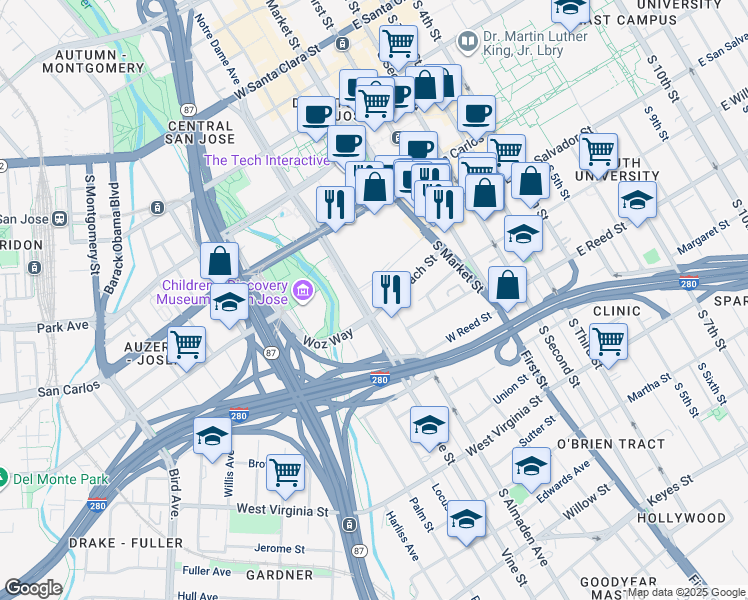 map of restaurants, bars, coffee shops, grocery stores, and more near in San Jose