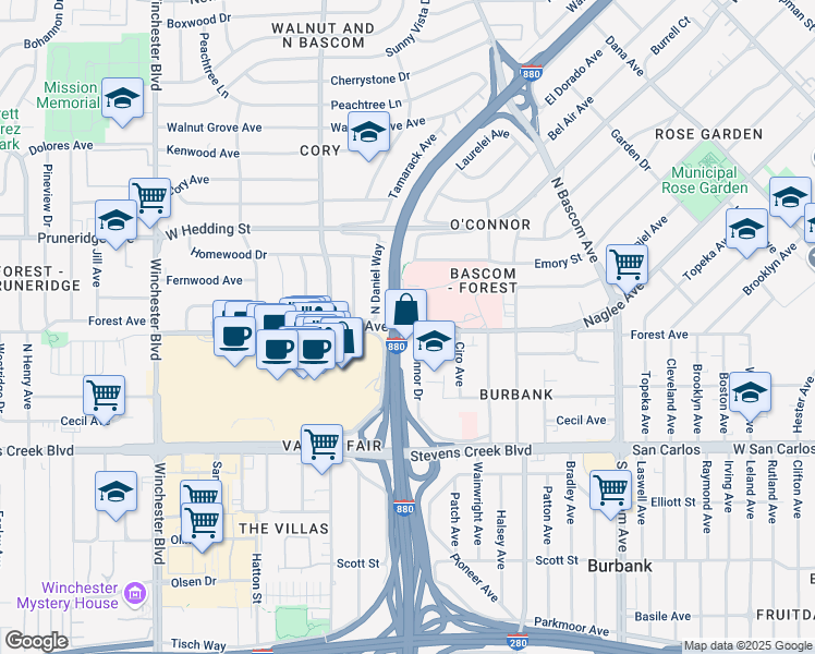 map of restaurants, bars, coffee shops, grocery stores, and more near 2299 Forest Avenue in San Jose