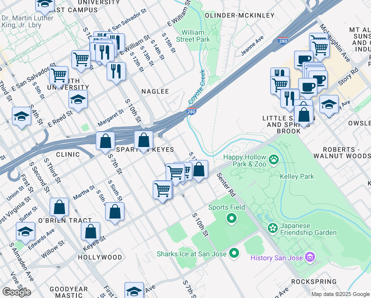 map of restaurants, bars, coffee shops, grocery stores, and more near 951 South 12th Street in San Jose