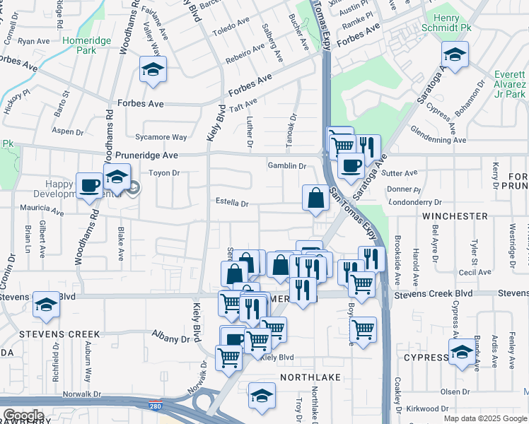 map of restaurants, bars, coffee shops, grocery stores, and more near 2672 Estella Drive in Santa Clara