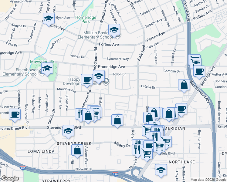 map of restaurants, bars, coffee shops, grocery stores, and more near 242 Madrone Avenue in Santa Clara