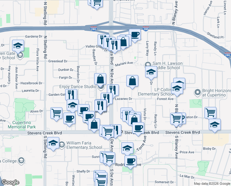 map of restaurants, bars, coffee shops, grocery stores, and more near 10302 Parlett Place in Cupertino