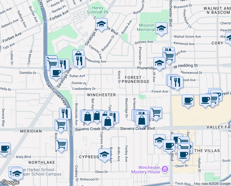 map of restaurants, bars, coffee shops, grocery stores, and more near 3374 Londonderry Place in Santa Clara