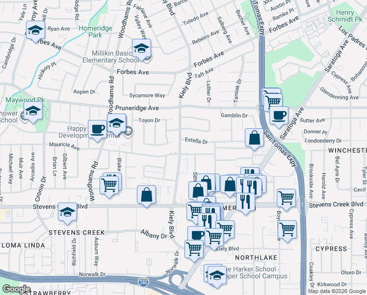 map of restaurants, bars, coffee shops, grocery stores, and more near 2786 Estella Drive in Santa Clara