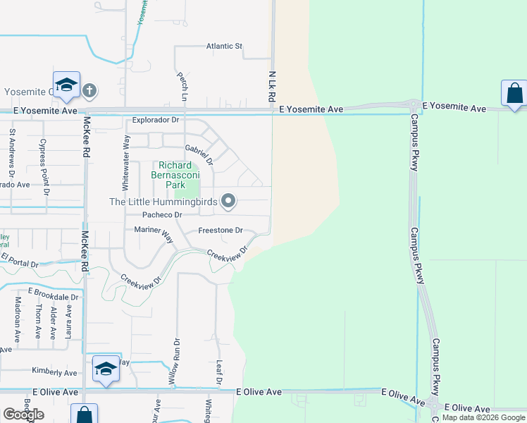 map of restaurants, bars, coffee shops, grocery stores, and more near 2479 Bastidas Drive in Merced