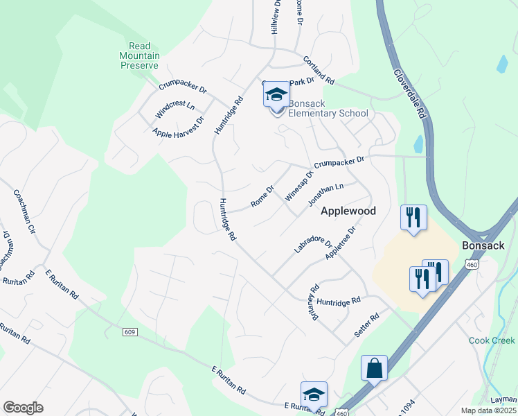 map of restaurants, bars, coffee shops, grocery stores, and more near 5530 Rome Drive in Roanoke