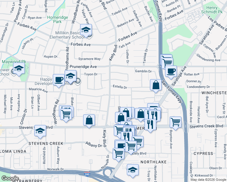 map of restaurants, bars, coffee shops, grocery stores, and more near 2786 Estella Drive in Santa Clara