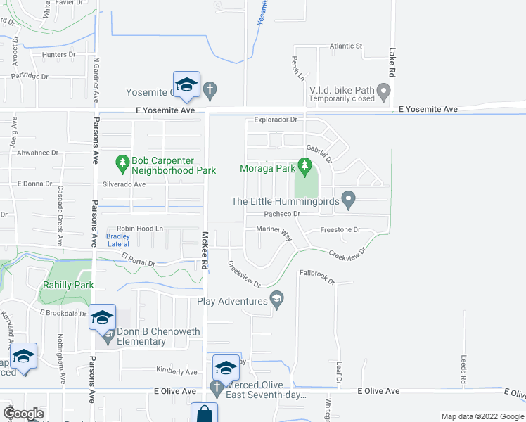 map of restaurants, bars, coffee shops, grocery stores, and more near 2323 Pacheco Drive in Merced