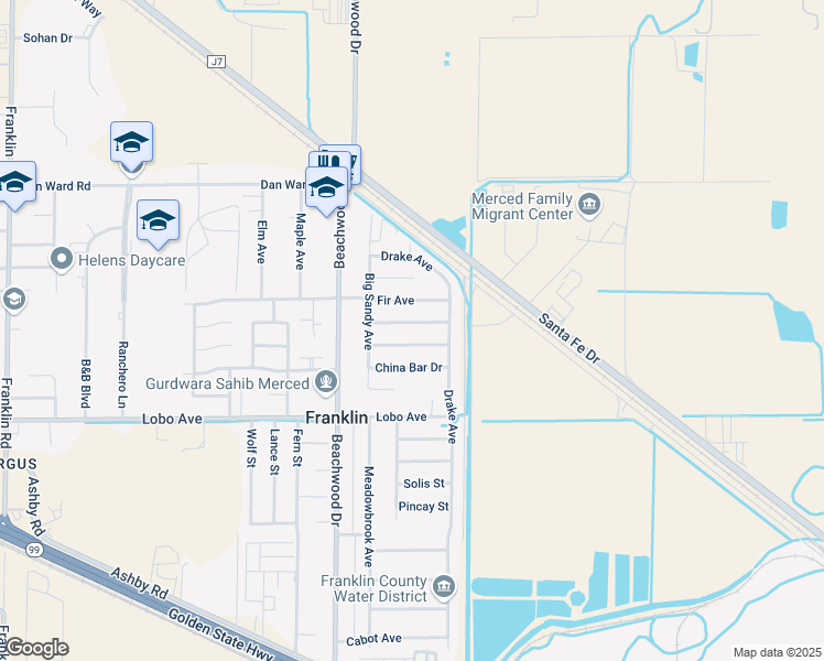 map of restaurants, bars, coffee shops, grocery stores, and more near 2118 Little Sandy Drive in Merced