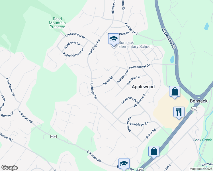 map of restaurants, bars, coffee shops, grocery stores, and more near 5530 Rome Drive in Roanoke