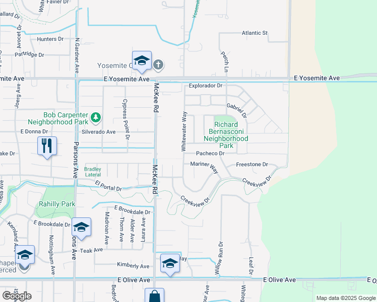 map of restaurants, bars, coffee shops, grocery stores, and more near 2311 Pacheco Drive in Merced