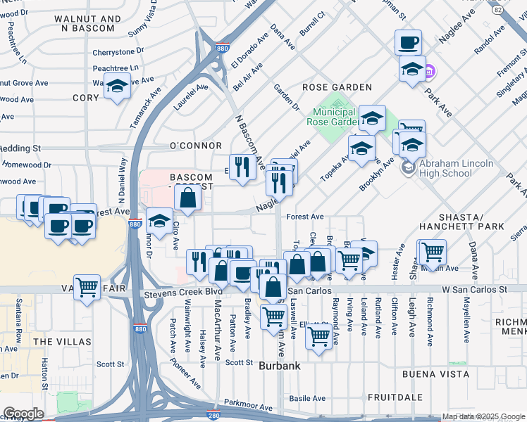 map of restaurants, bars, coffee shops, grocery stores, and more near 2025 Forest Avenue in San Jose