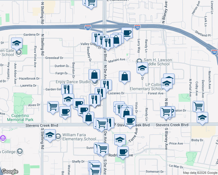 map of restaurants, bars, coffee shops, grocery stores, and more near 10281 Parlett Place in Cupertino