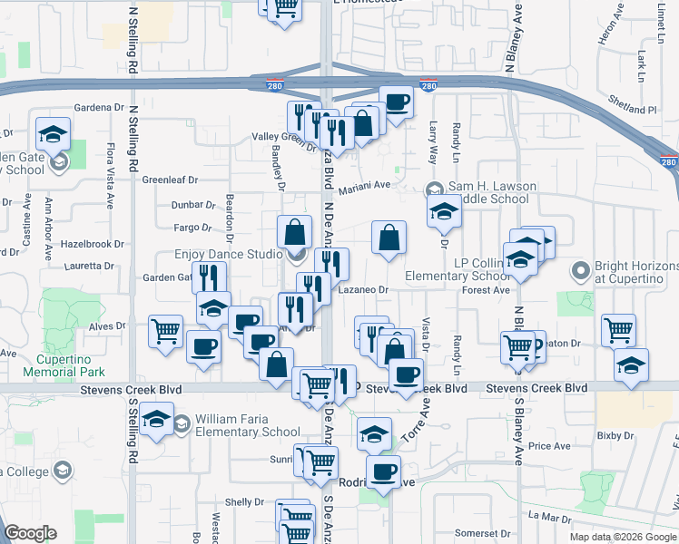 map of restaurants, bars, coffee shops, grocery stores, and more near 10302 Parlett Place in Cupertino