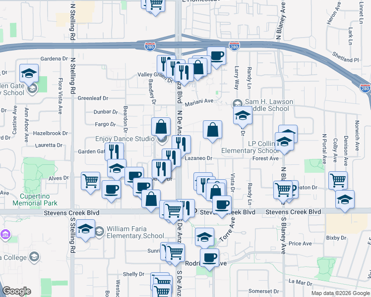 map of restaurants, bars, coffee shops, grocery stores, and more near 10281 Parlett Place in Cupertino