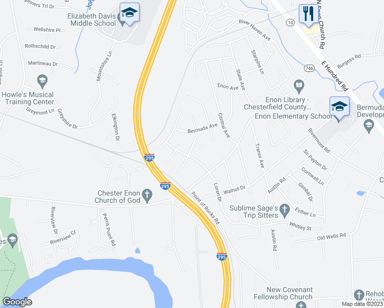 map of restaurants, bars, coffee shops, grocery stores, and more near 14401 Loren Drive in Chester