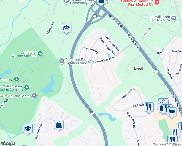 map of restaurants, bars, coffee shops, grocery stores, and more near 6228 Saint Johns Wood in Williamsburg