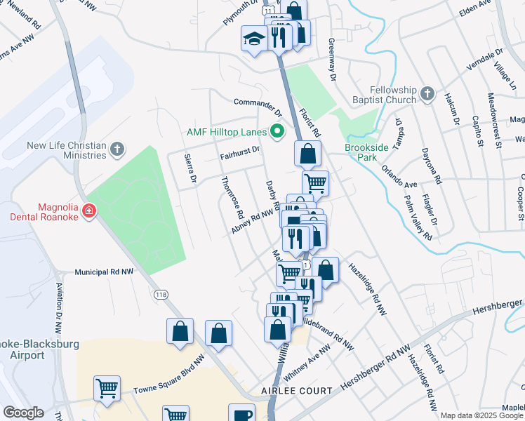map of restaurants, bars, coffee shops, grocery stores, and more near 5705 Malvern Road in Roanoke